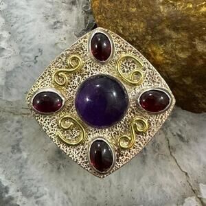 Carolyn Pollack Sterling & Brass Amethyst & 4 Garnet Decorated Ring For Women